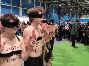 Activistas de XR se desnudan ante el stand de Endesa de la COP25 para denunciar el "greenwashing"