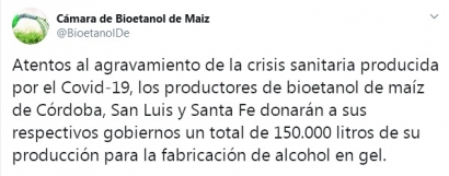 Coronavirus: Productores de etanol donan 170 mil litros para fabricar alcohol en gel