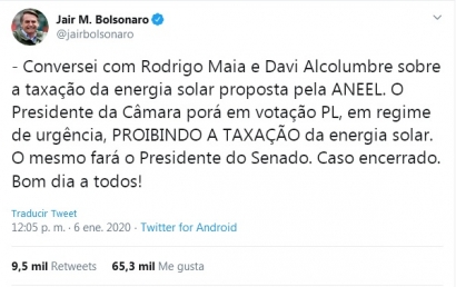 El presidente Bolsonaro se opone al "impuesto al sol" en la generación distribuida