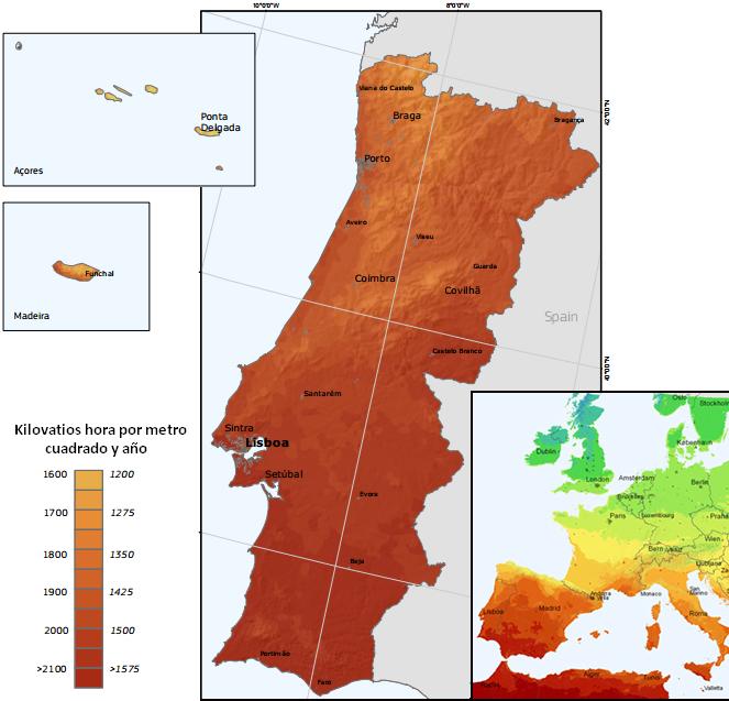 Portugal mapa de irradiación solar