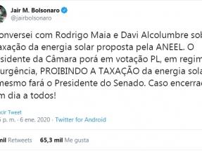 El presidente Bolsonaro se opone al "impuesto al sol" en la generación distribuida