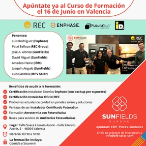 SunFields organiza una formación presencial para instaladores fotovoltaicos el 16 de junio en Valencia