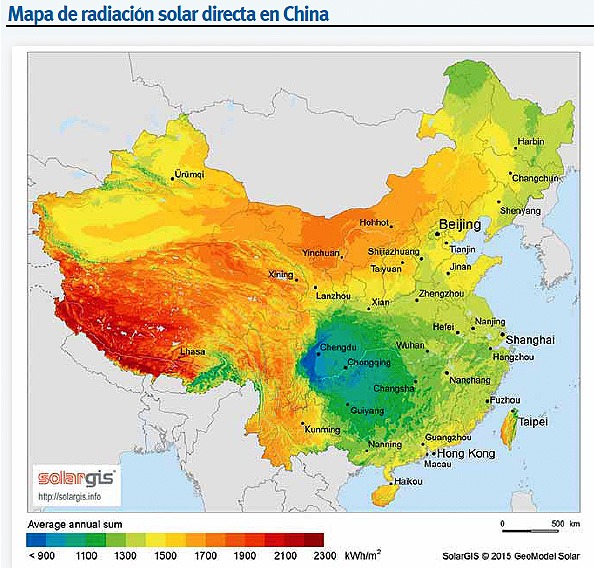 China. Mapa de radiación solar directa